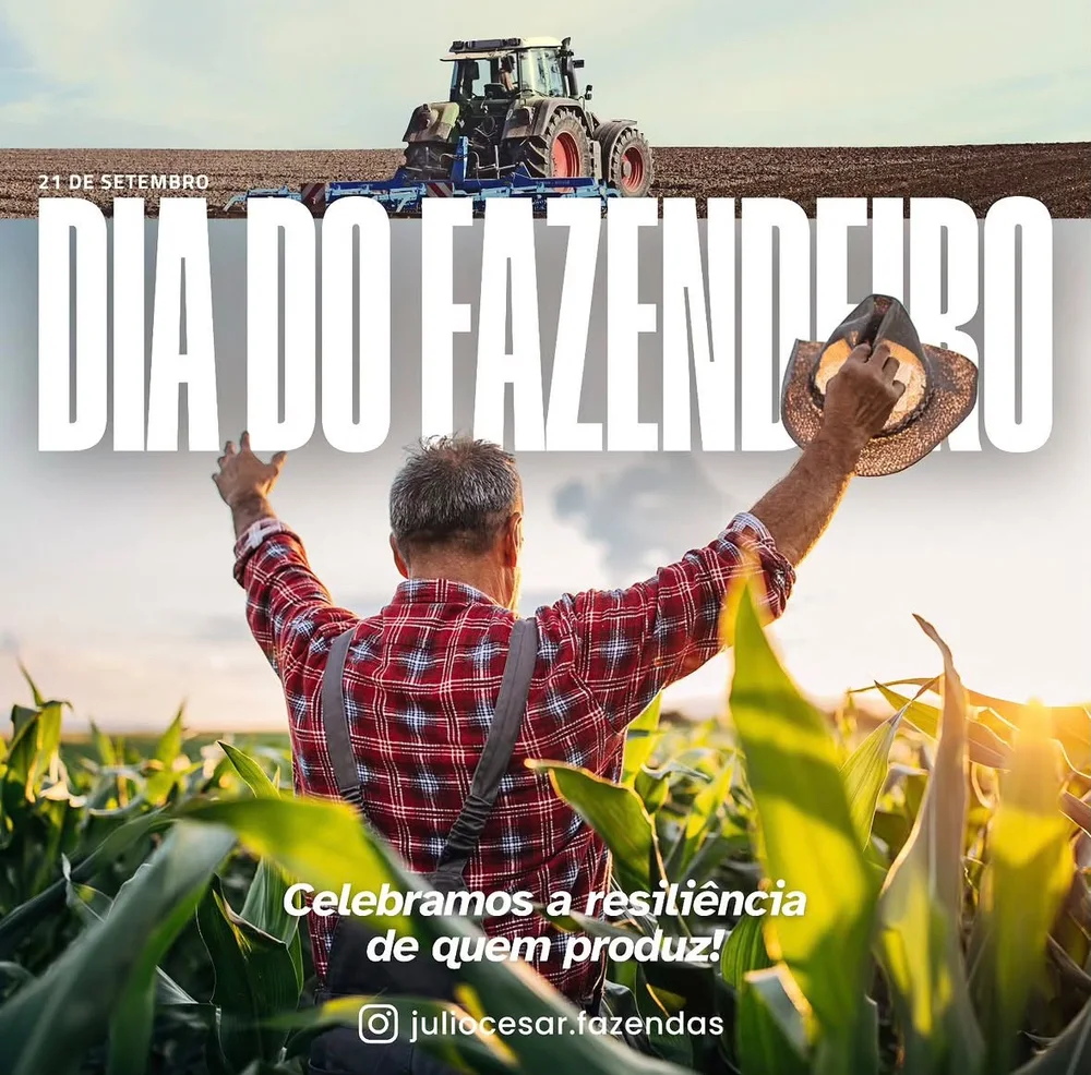 Arte de Júlio César para o Dia do Fazendeiro, com um produtor rural de braços abertos na lavoura.