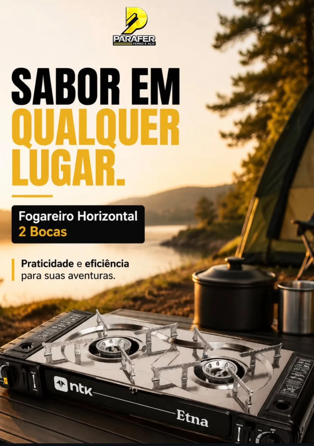 Arte da Parafer para o fogareiro horizontal de 2 bocas, com o título Sabor em qualquer lugar.